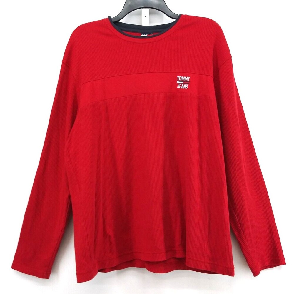 Tommy Jeans Shirt Mens Large Red Long Sleeve Emboidered Logo 100% Cotton